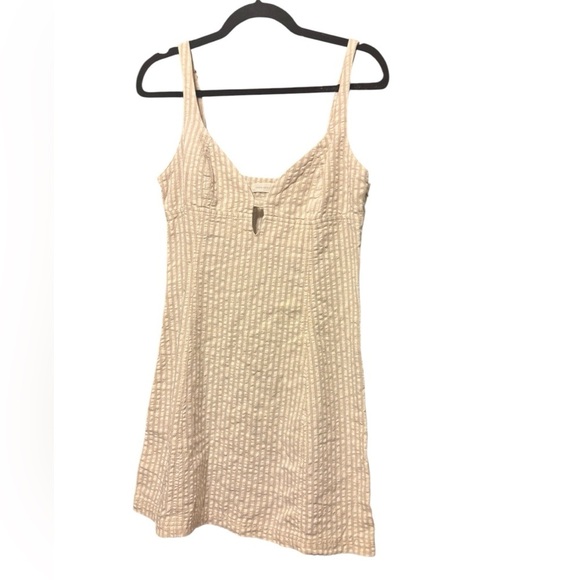 NWT Urban Outfitter Tan white Stripe Mini Dress Why Not Seersucker Size Medium - Picture 2 of 7